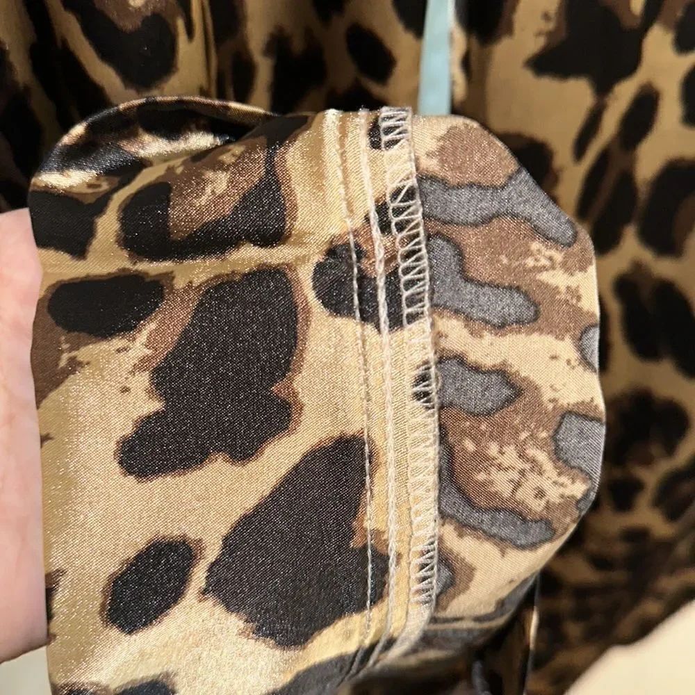 Satin 2X Animal Print Tan Black Brown Wide Leg Pajama Pants - Picture 6 of 8